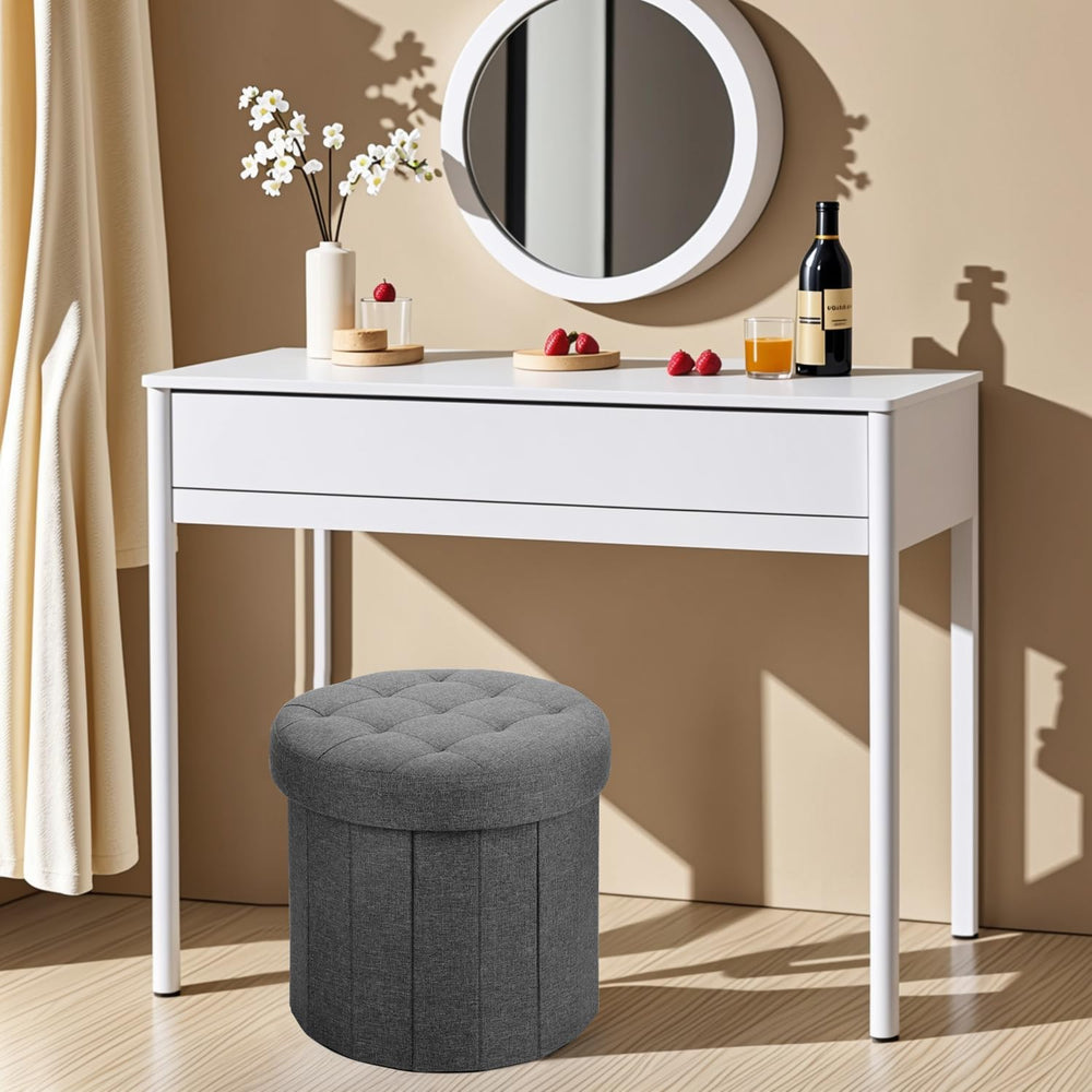 Bsketa Round Storage Ottoman, 14" Folding Linen Foot Stool,Dark Gray 2 Pack