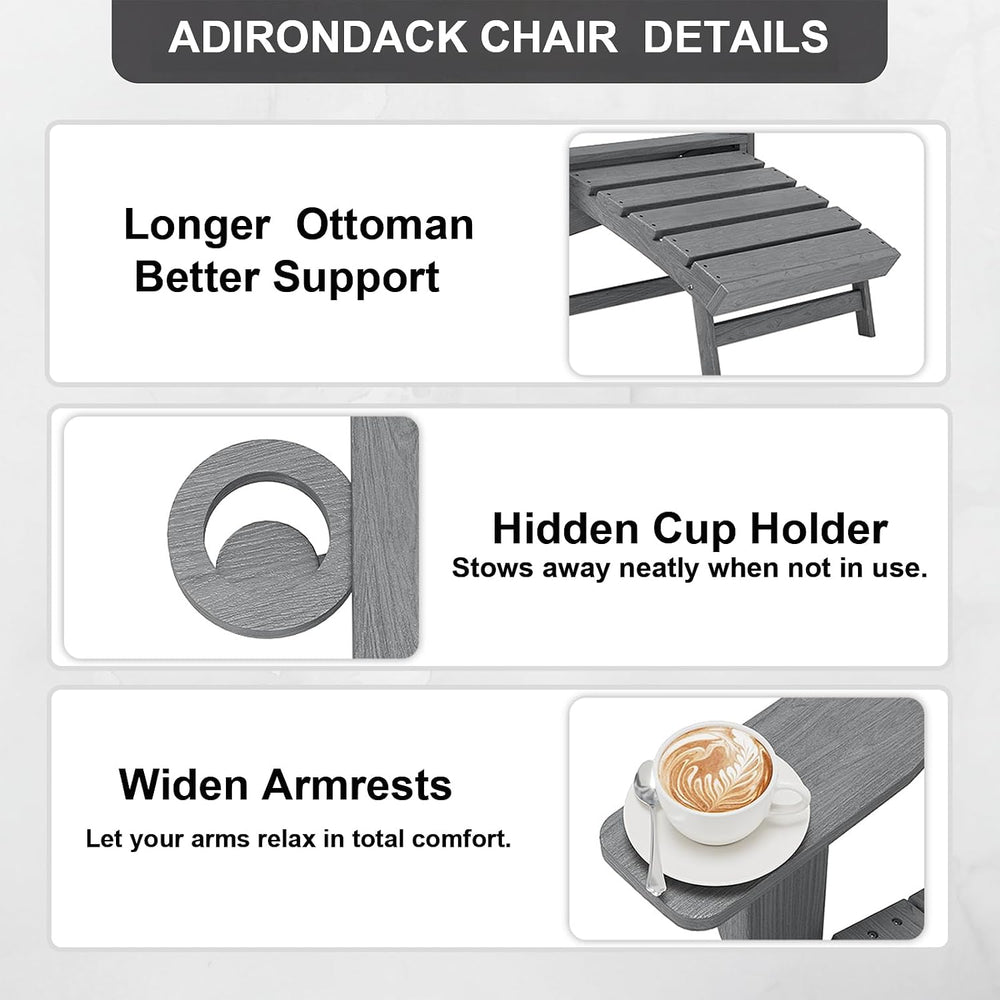 Folding Adirondack Chair with Retractable Ottoman Set of 2,HDPE Outdoor Adiro...