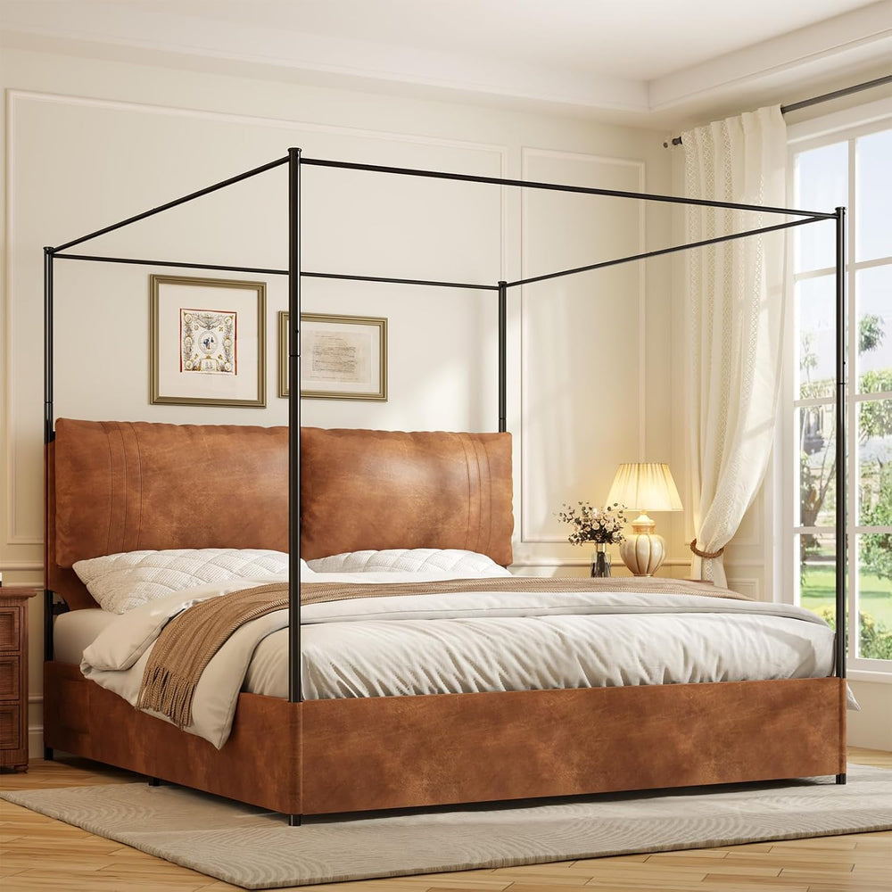 King Canopy Bed Frame with Tall Upholstered Faux Leather Headboard