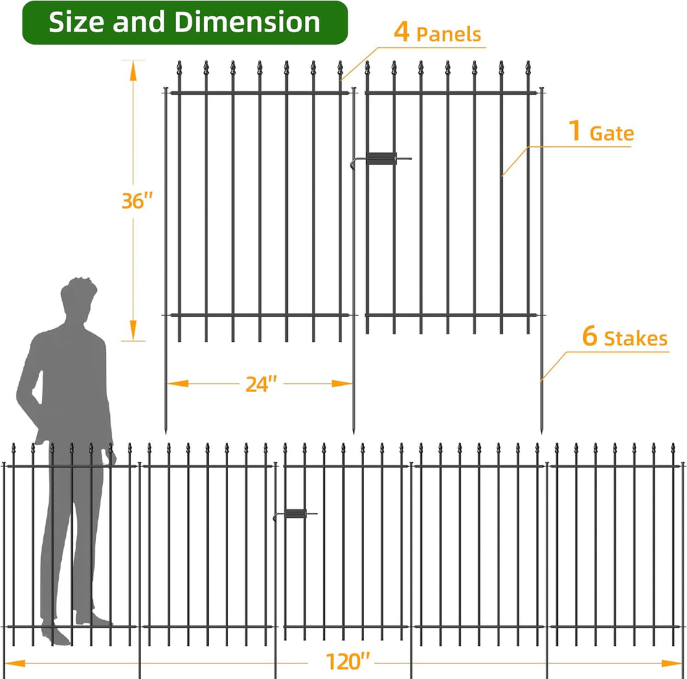 Decorative Metal Garden Fence with Gate 36" x 10', Dog Fence Outdoor