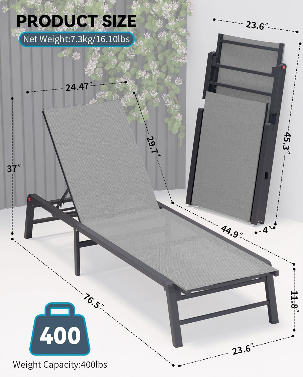 Aluminum Chaise Lounge Chair Outdoor, Foldable Patio Lounge Chair Assemble-Fr...