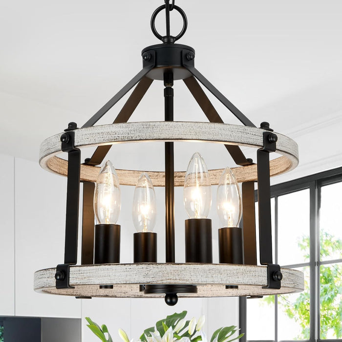 4-Light Farmhouse Chandelier, 12.5 Inch Rustic Black and Vintage Wood Finish Chandeliers for Dining Room Light Fixture, Adjustable Height Hanging Light for Kitchen Island, Entryway, Laundry Room