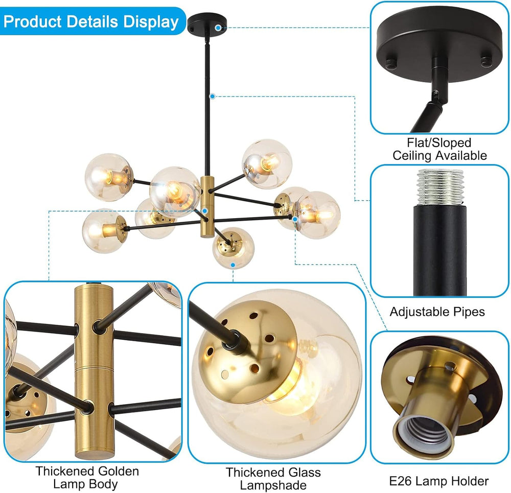 8 Lights Modern Sputnik Chandeliers, Mid Century Light Fixture with Glass Sha...