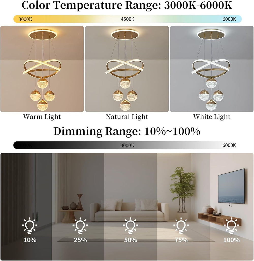 Gold LED Chandeliers, 3-Color Dimmable Pendant Light Dining Room Light Fixtur...