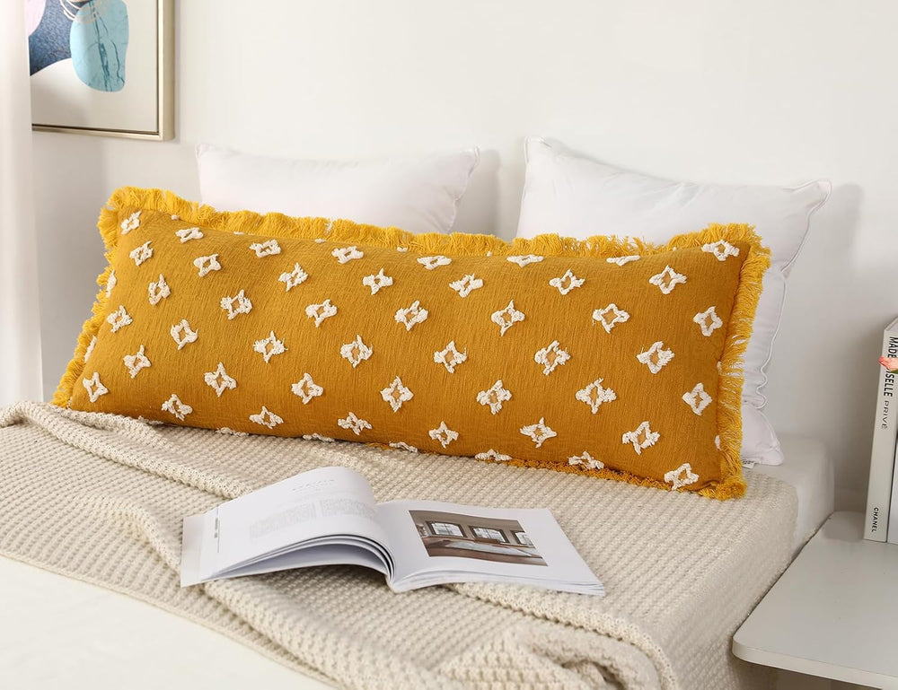 Boho Long Lumbar Pillow Cover 14x48 with Tassel Fringe,3D Flower Patterned Ex...