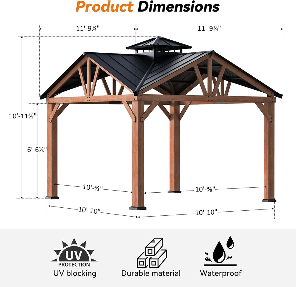 Modern Shade Cedar Wood Gazebo 12’ x 12’, Heavy Duty Hardtop Gazebo with Stee...