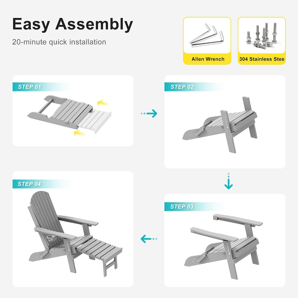 HDPE Folding Adirondack Chair with Footrest, 3-Position Adjustable