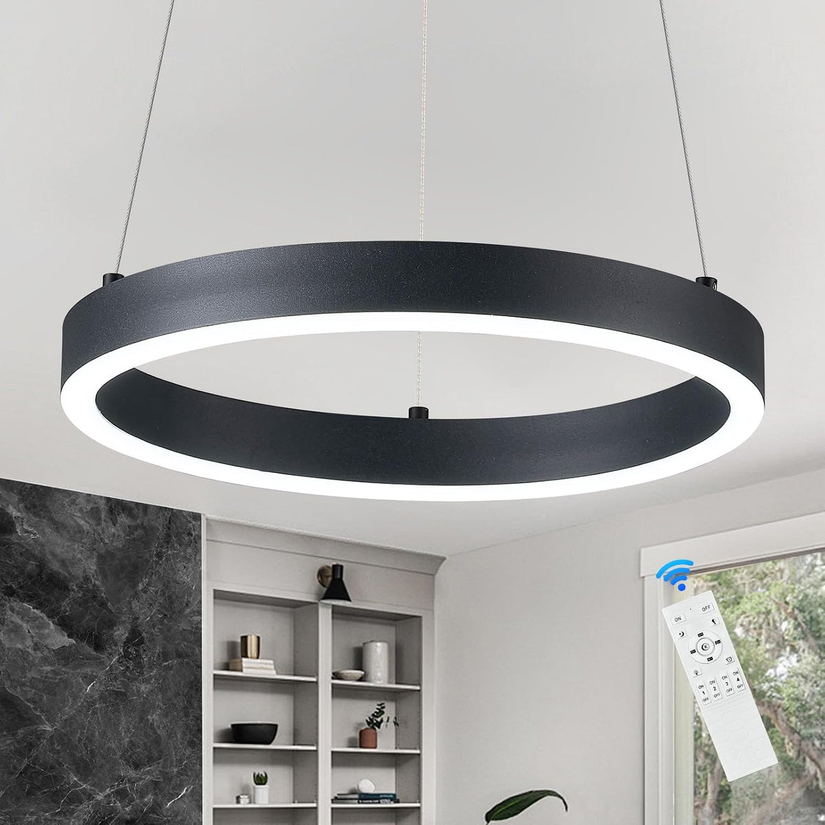 12in led ring chandelier black modern dimmable pendant, main product view