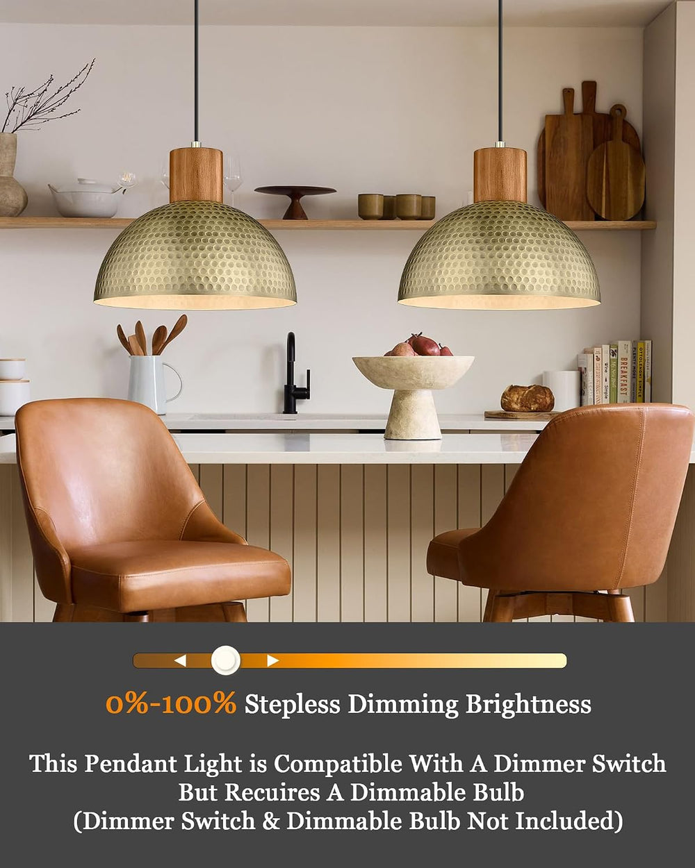 ELYONA 2 Pack Hammered Pendant Lights 12” Vintage Metal & Wood Dome Hangi...