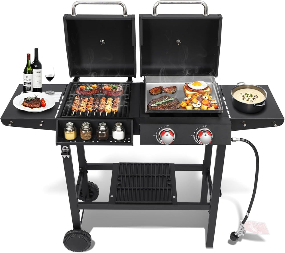 2-Burner Gas & Charcoal Combo Grill with Griddle, Black