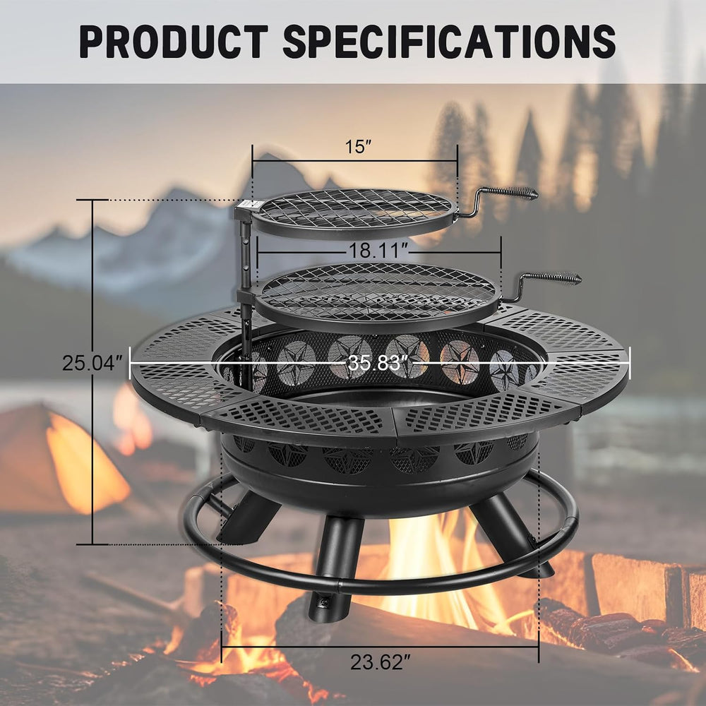 36 Inch Fire Pit with 2 Cooking Grills Outdoor Wood Burning BBQ Firepit