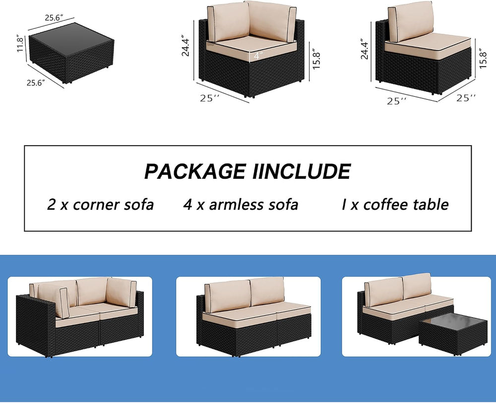 Shintenchi 7 Piece Outdoor Patio Furniture Set with Black PE Rattan, Khaki