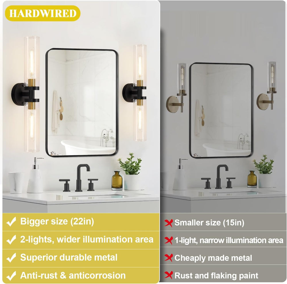Indoi Hardwired Wall Sconces Set of Two, 22" Black and Gold Bathroom Sco...