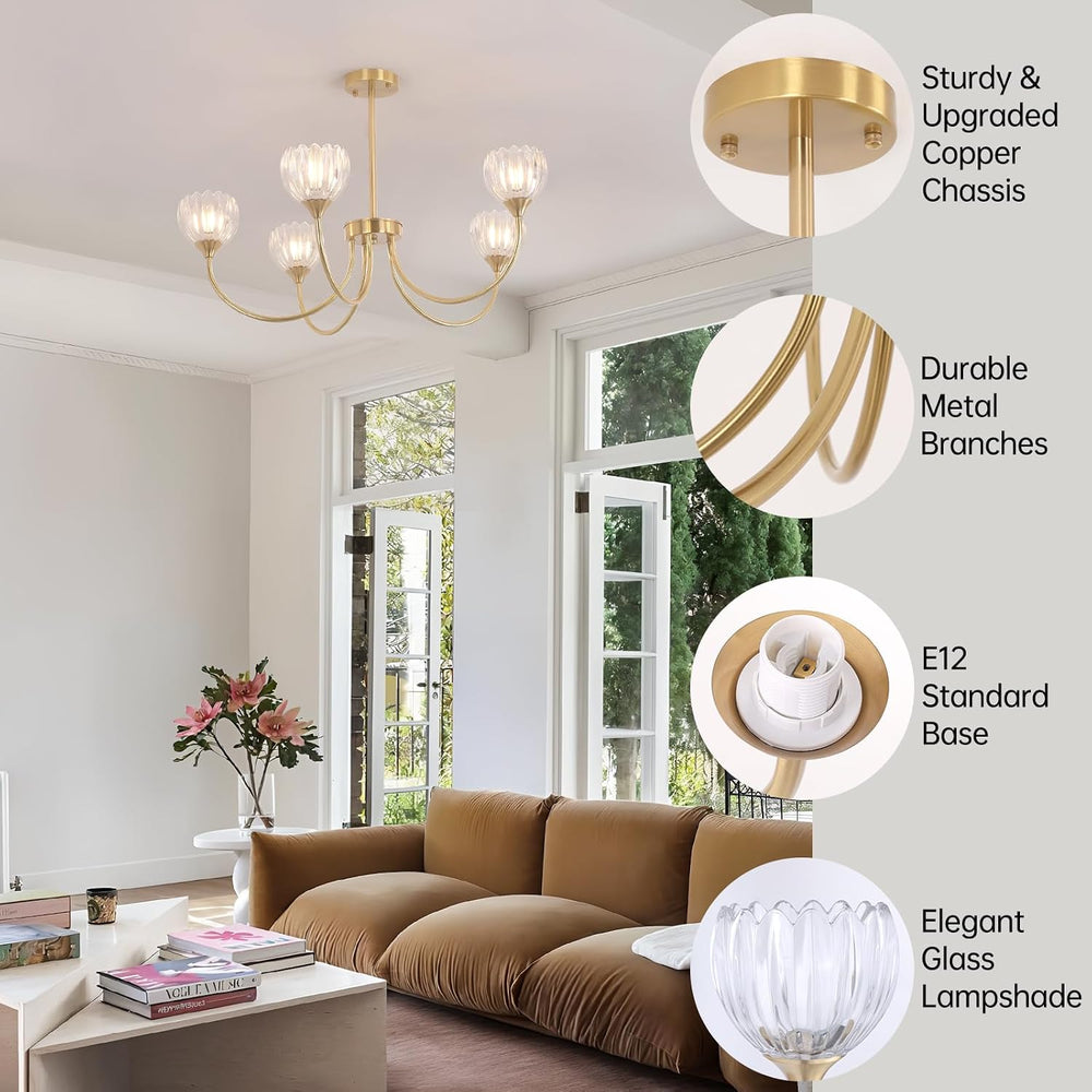 Shenmoyl 30.31" Brass Gold 5-Light Chandelier, 5-Arm Clear Tulip Glass P...