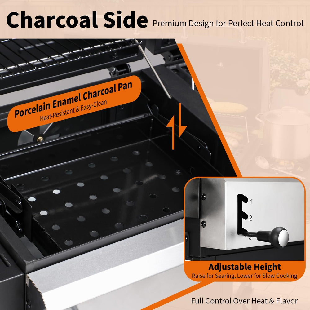 Gas & Charcoal Combo Grill, 2-in-1 Dual Fuel, Side Burner
