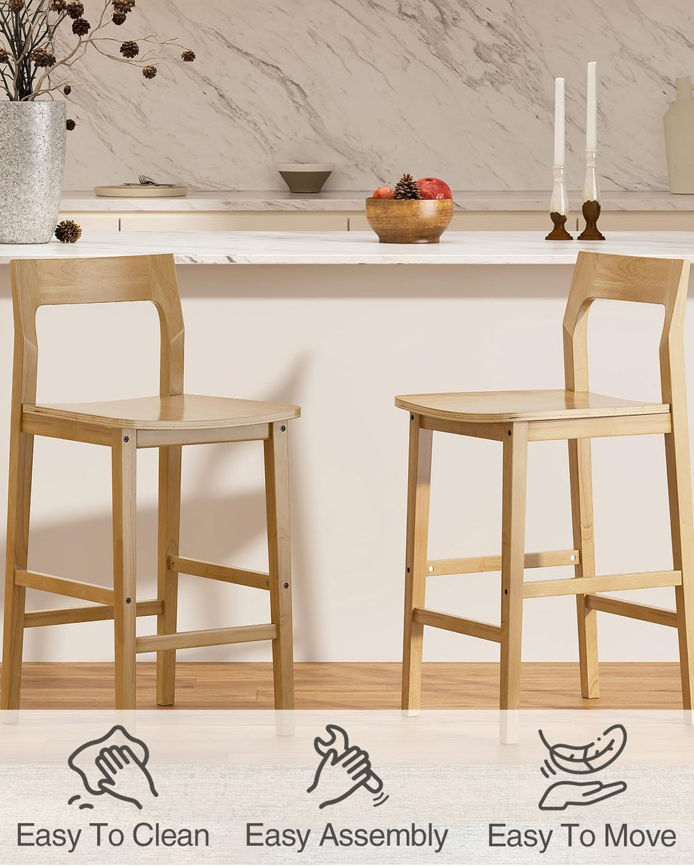 Wood Barstools Set of 4, Counter Height Bar Stools Armless Farmhouse Wooden B...