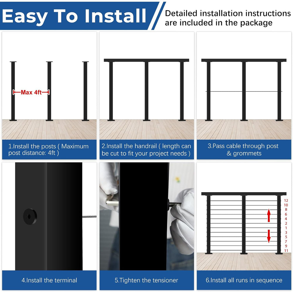 4ft-8ft Modular 42in Cable Railing System for Deck with Handrail