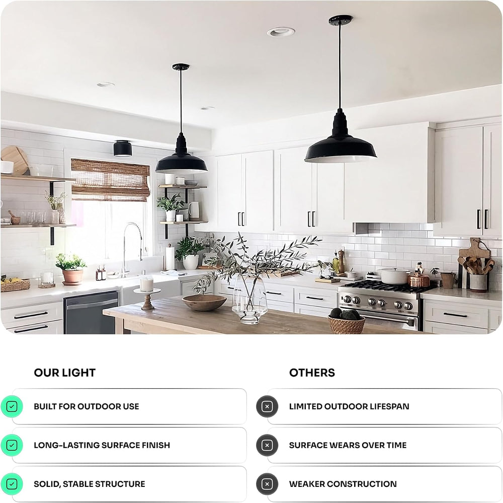 12" Sloped Stem Barn Light Pendant 16" Dome | Garage Workshop | Mat...