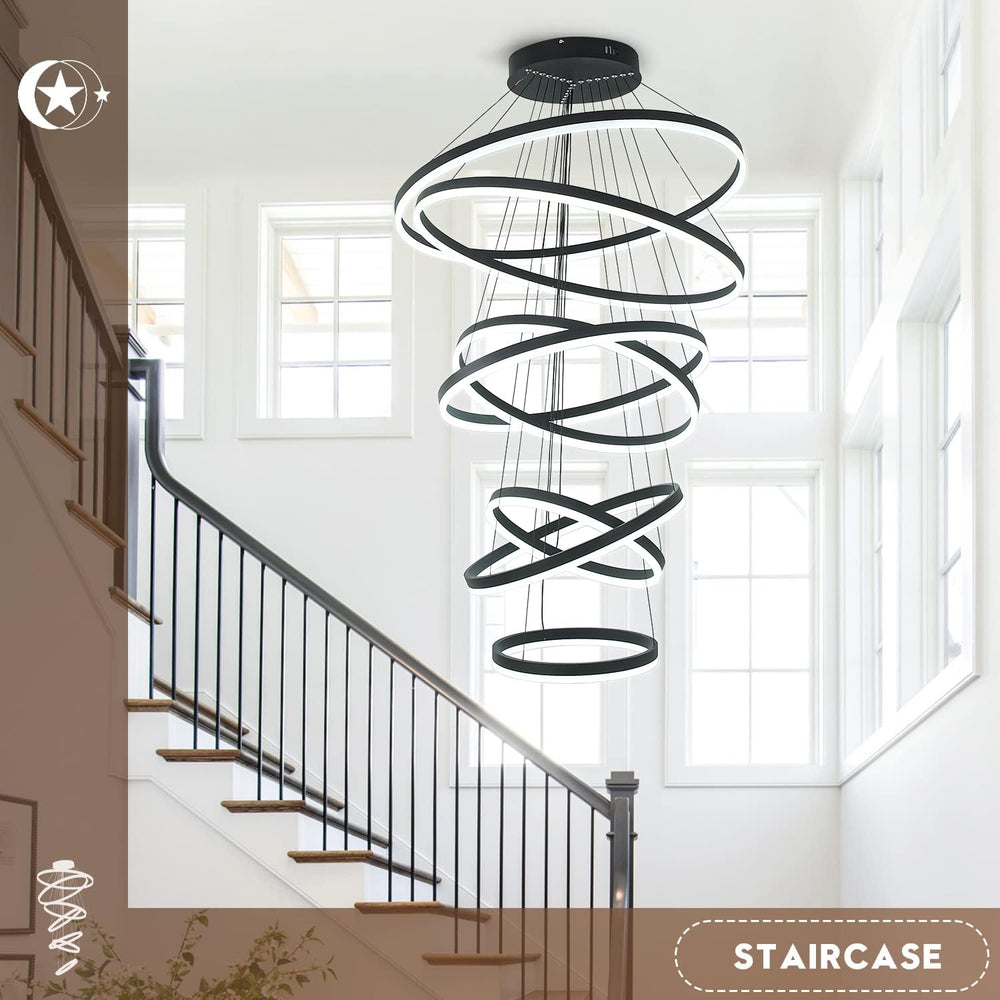 XGZL·LIGHTING 7-Rings Modern LED Chandelier Black D31.5’’ Contemporary High C...