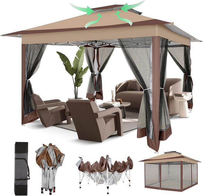 COBIZI 12x12 Pop Up Gazebos On Clearance - Upgrade Easy Up Metal Outdoor Gazebo Waterproof - Portable Gazebo with Mosquito Nettings, 4 Ropes 8 Stakes and Carry Bag for Patio Garden(Coffee)