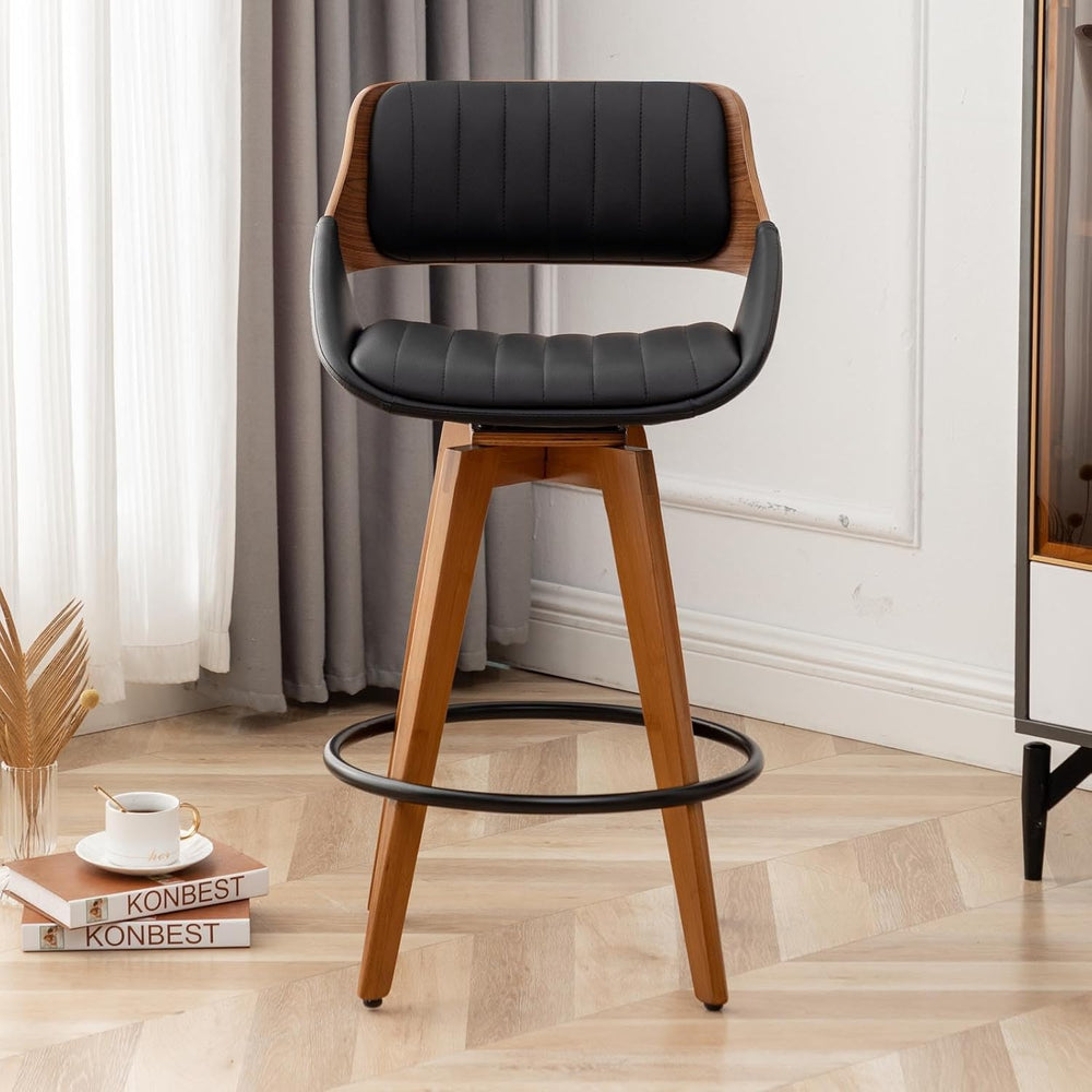 LUNLING Swivel Bar Stools,Mid Century Modern Black Faux Leather Upholstered C...