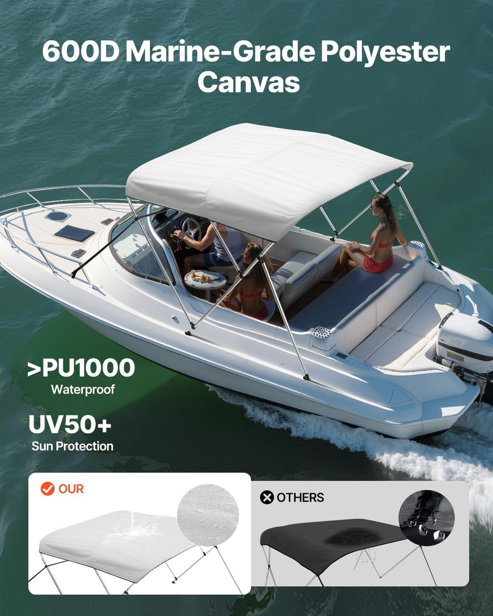 VEVOR 3 Bow Boat Bimini Tops, 600D Polyester Canopy with Aluminum Alloy Frame...