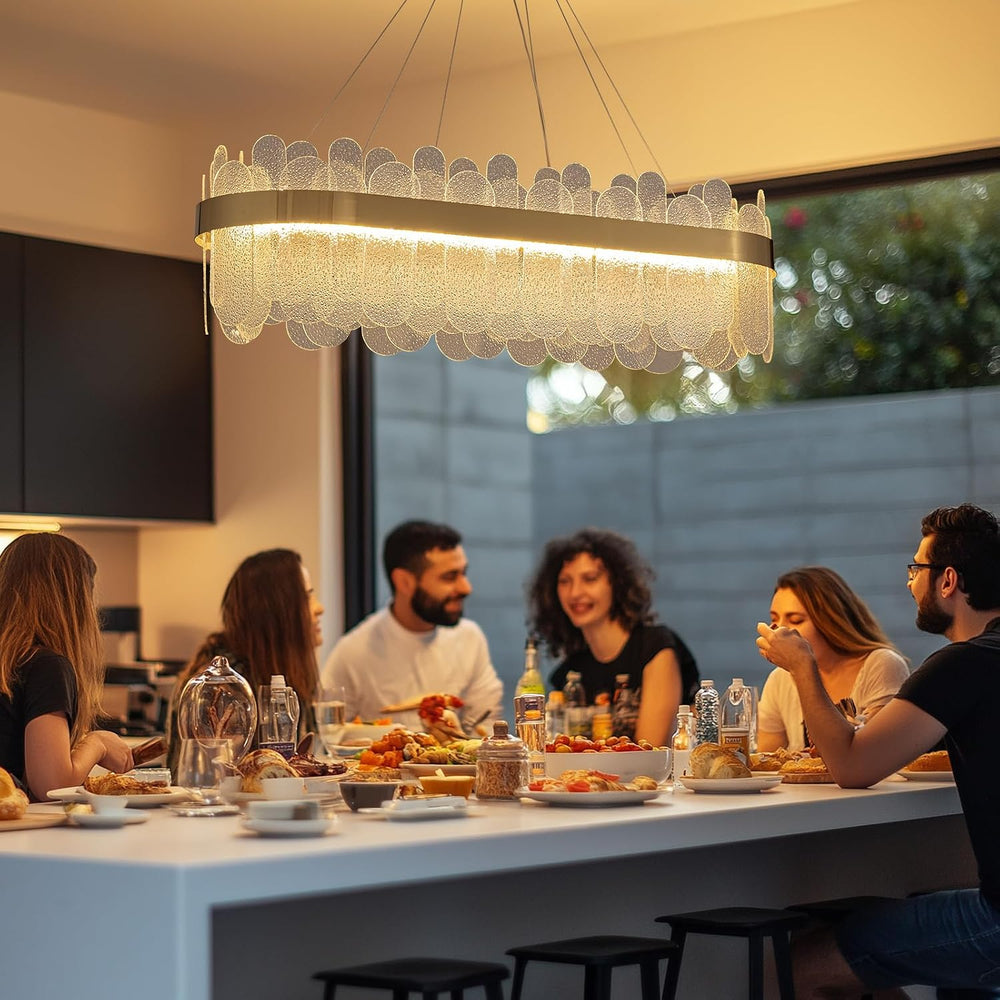 Gold Linear Chandelier, Modern Rectangle Glass Pendant Light Fixture with LED...