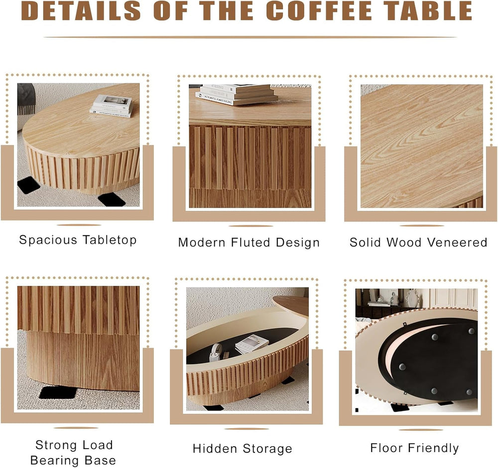 Oval Coffee Table with Storage Modern Coffee Table with Solid Wood Veneered