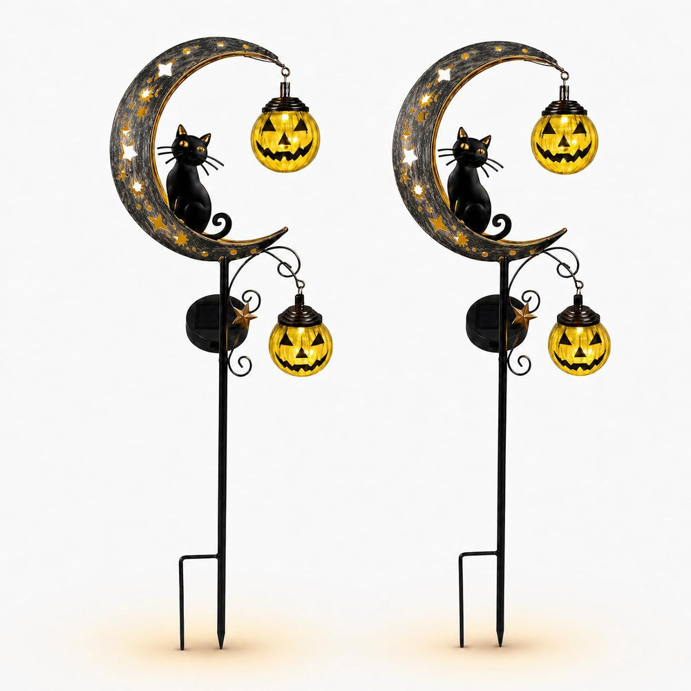 2 Pack Solar Halloween Pumpkin Moon Black Cat Garden Stake Lights Outdoor