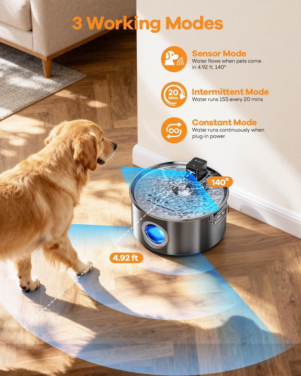 3.4G Wireless Dog Water Fountain Stainless Steel for Large Dogs Inside
