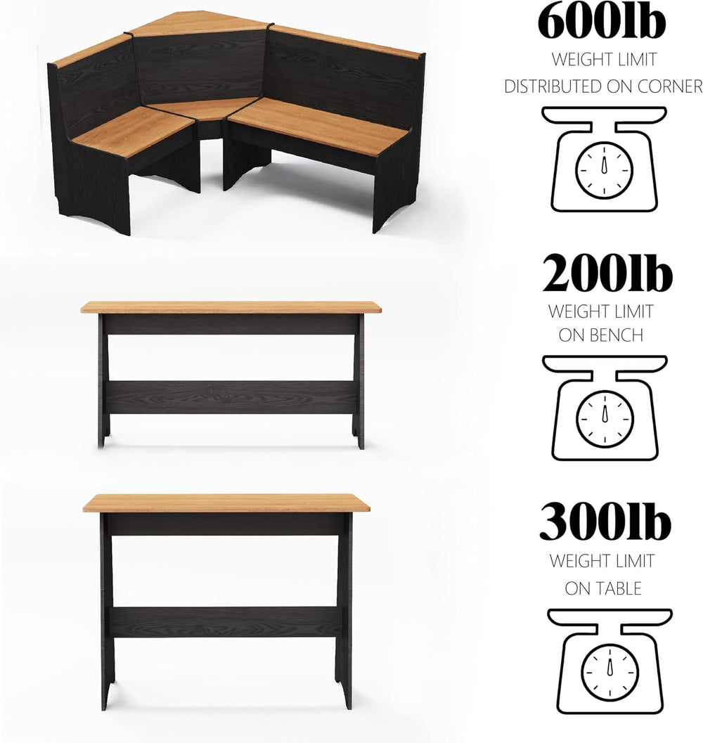 Farmhouse Breakfast Nook Table Set with Corner Bench (Black + Natural)