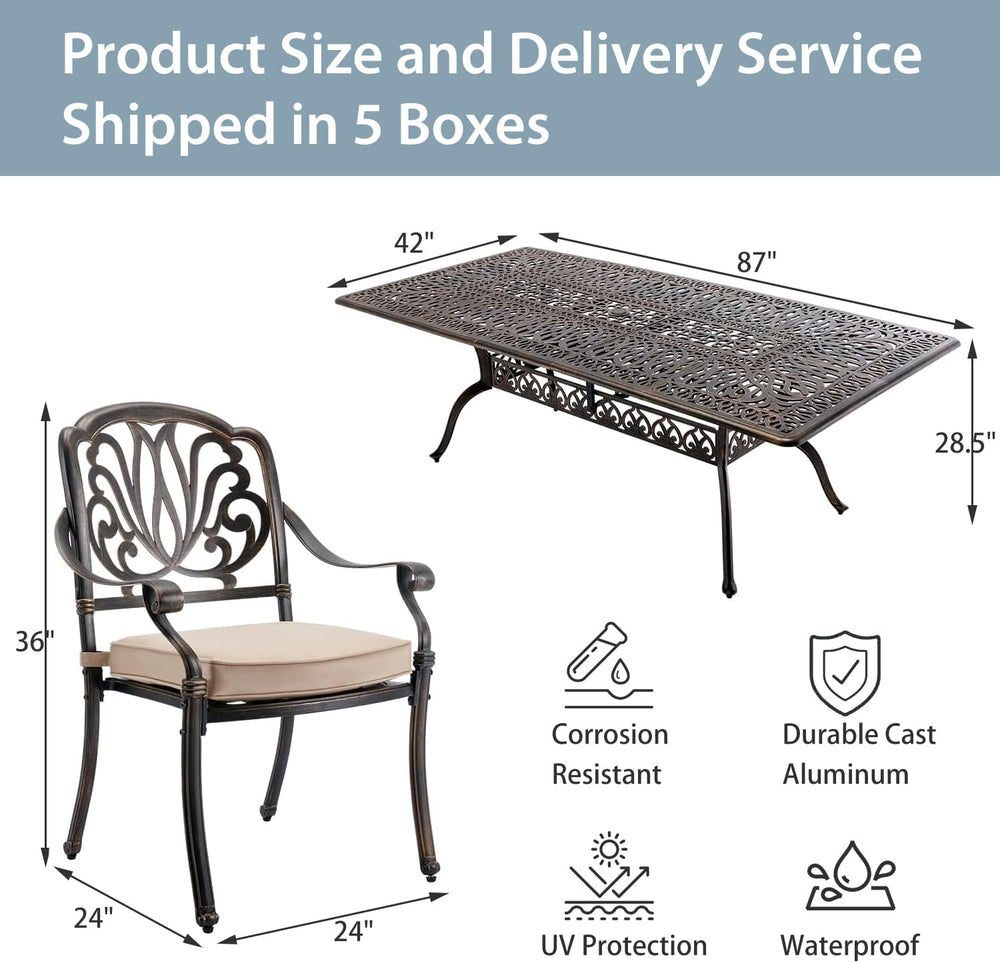 9-Pcs Cast Aluminum Patio Dining Set,87" Rectangular Table,Bronze