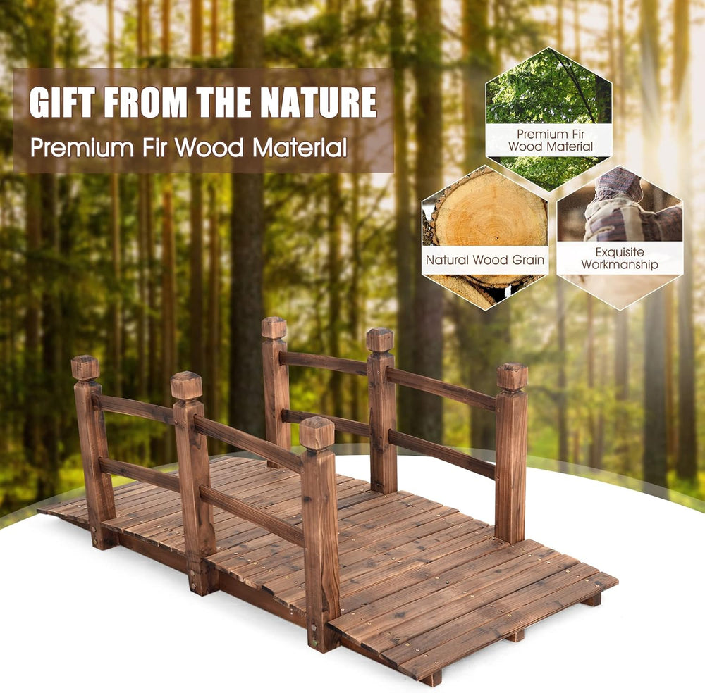 Giantex 5 FT Wooden Garden Bridge, Stained Wood Arc Footbridge with Railings,...