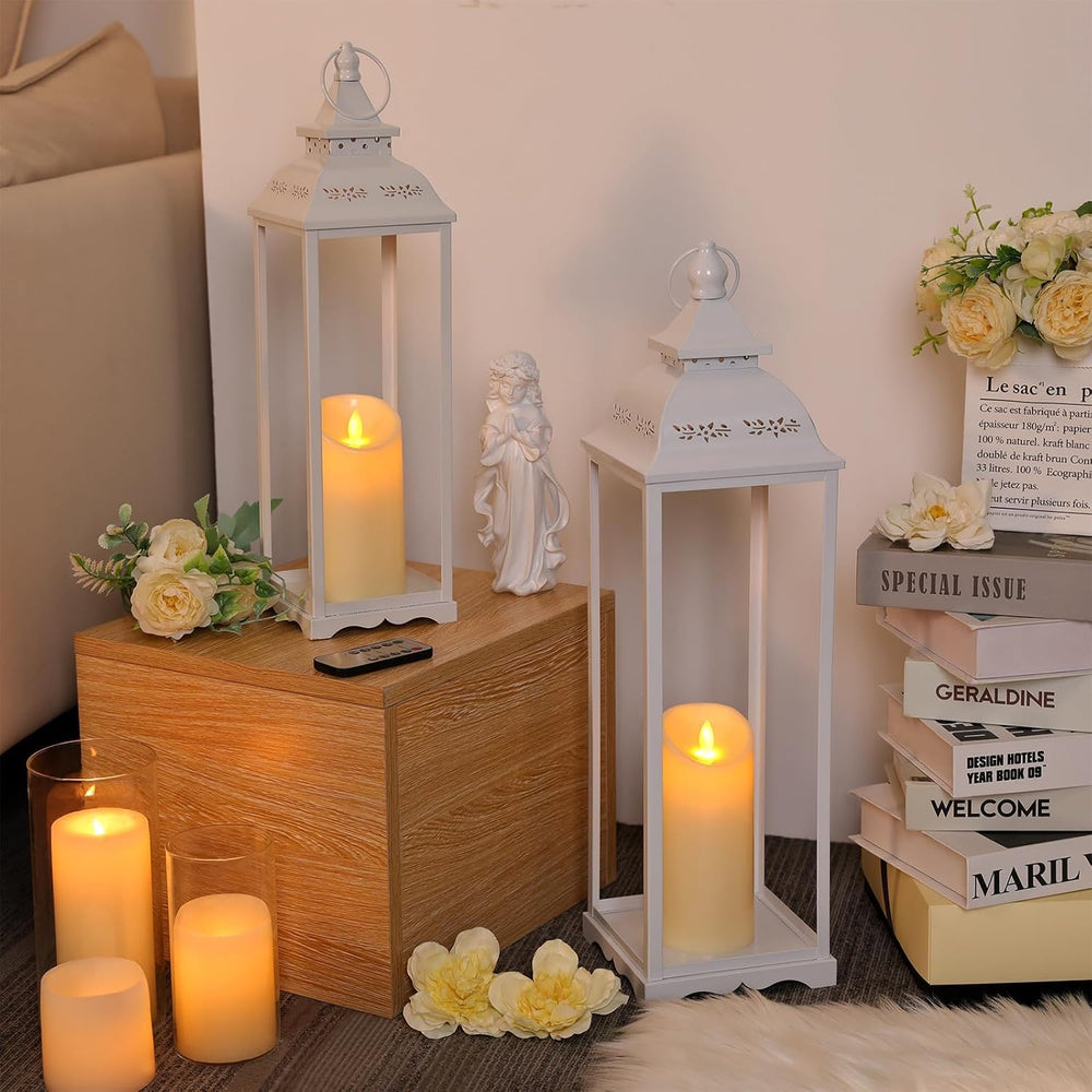 Decorative Candle Lanterns, Large 2Pcs, White Metal for Indoor & Outdoor