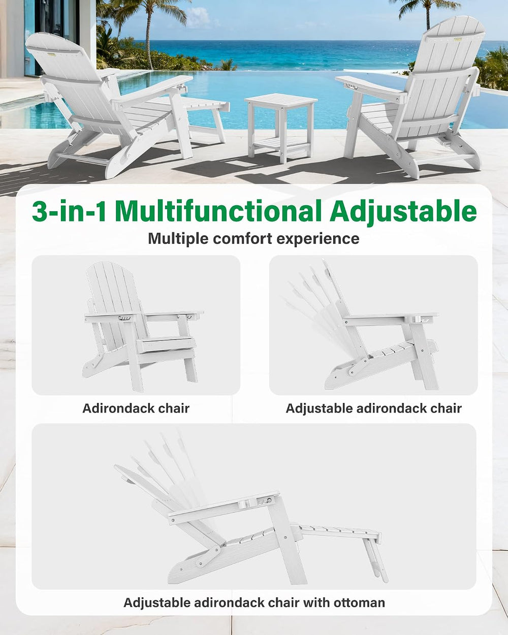 YEFU Adjustable Adirondack Chair with Footrest,All-Weather, Set of 2,White