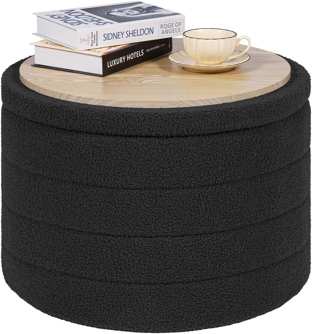 PINPLUS Round Storage Ottoman, Foldable Sherpa Ottoman Footstool Storage with...
