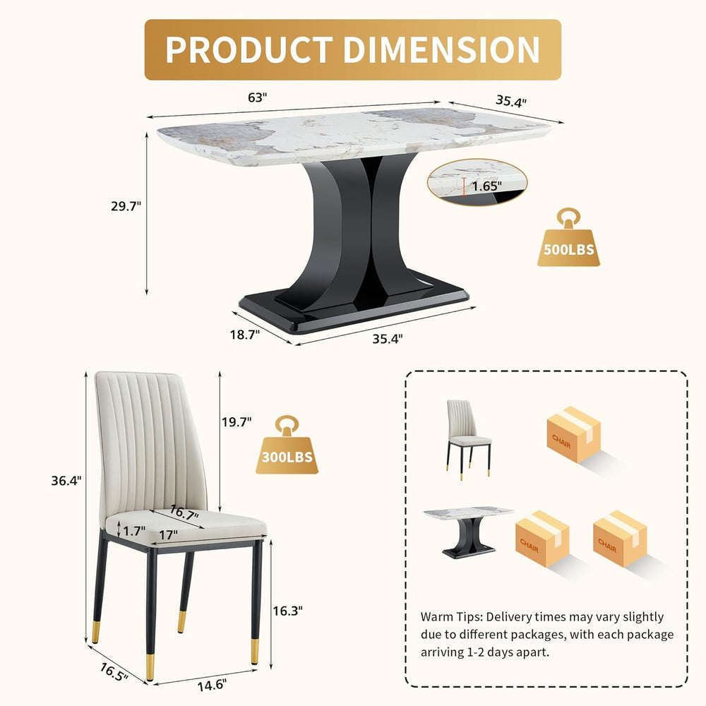 Modern Dining Table Set for 6, Marble Kitchen Table Chair Set for 6, Rectangu...