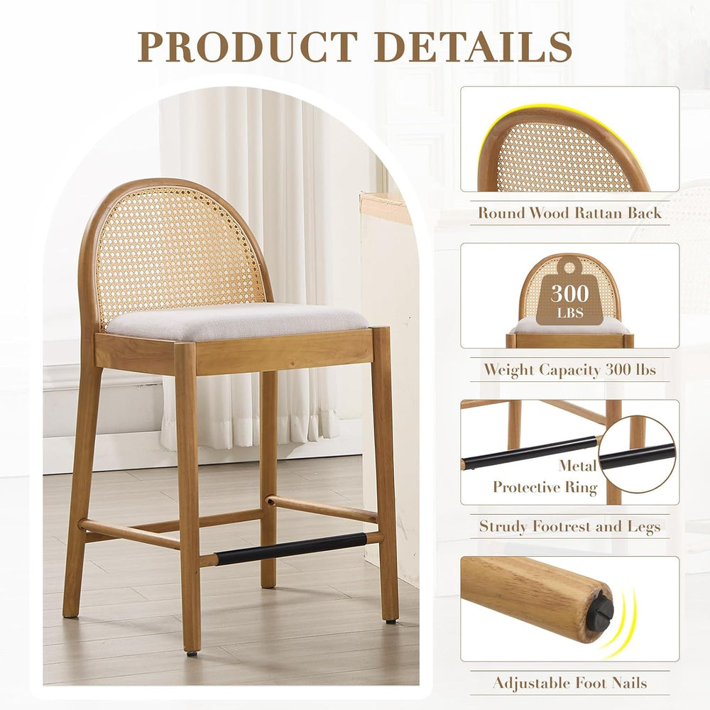 HEAH-YO Rattan Bar Stools Set of 4, 26 Inch Counter Height Bar Stools with Ba...