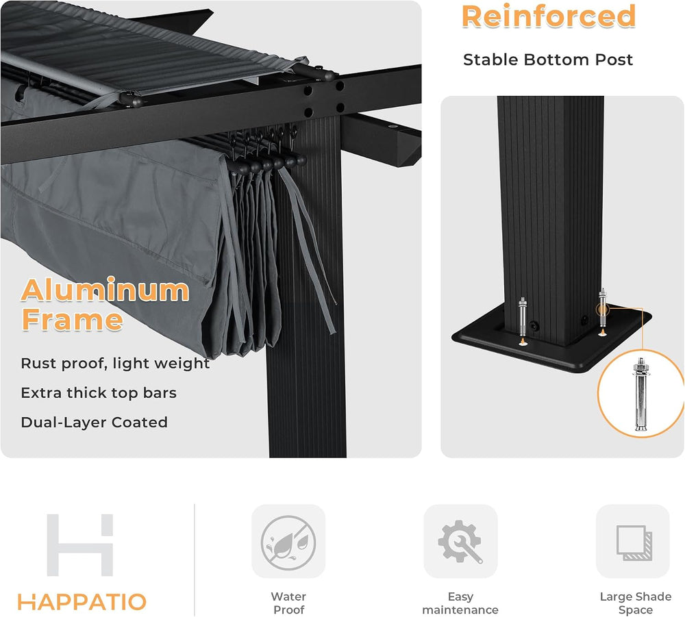 HAPPATIO 10' X 10' Retractable Pergola with Sun Shade Canopy, Patio A...