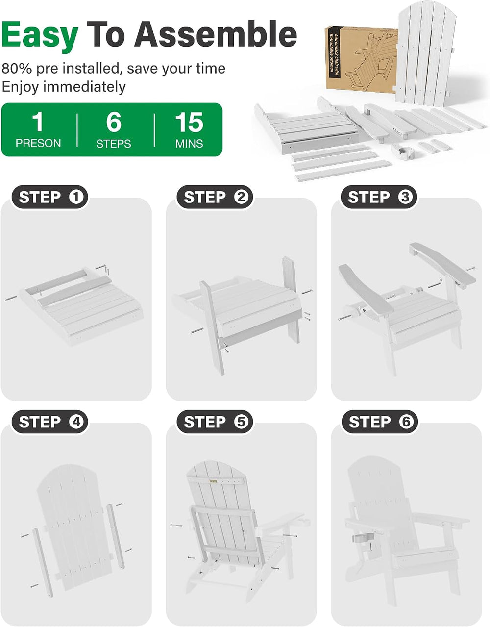 YEFU Adjustable Adirondack Chair with Footrest,All-Weather, Set of 2,White