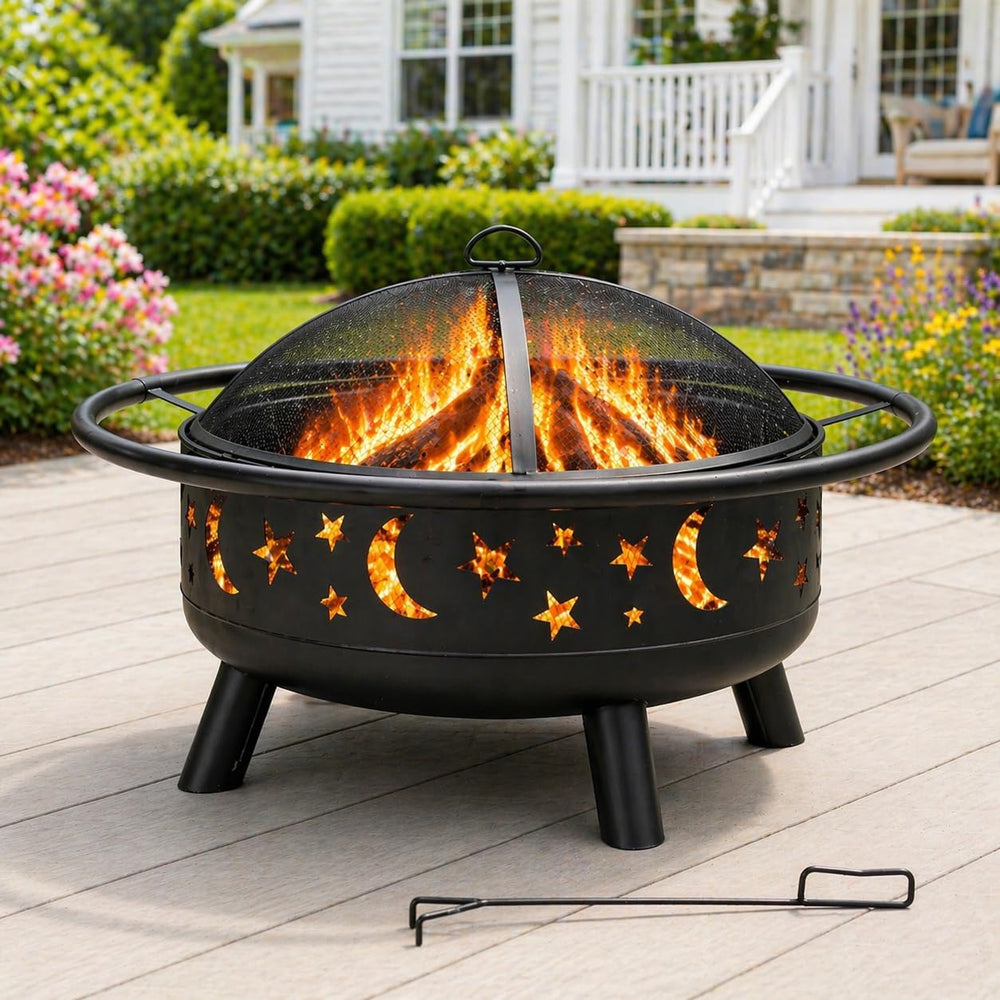 38-Inch Round Wood-Burning Fire Pit with Mesh Cover and Poker