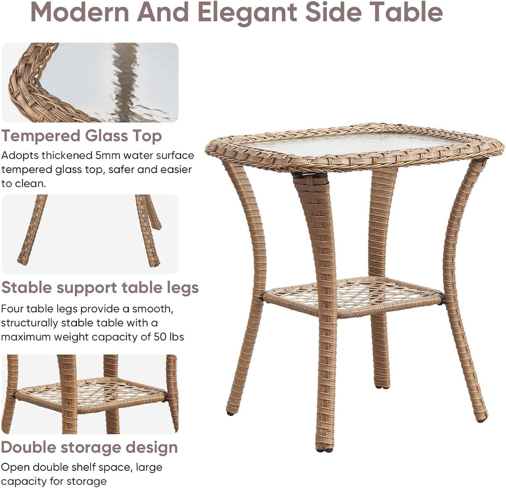 Patio Wicker Side Table, Outdoor PE Rattan End Table with 5mm Tempered Glass ...