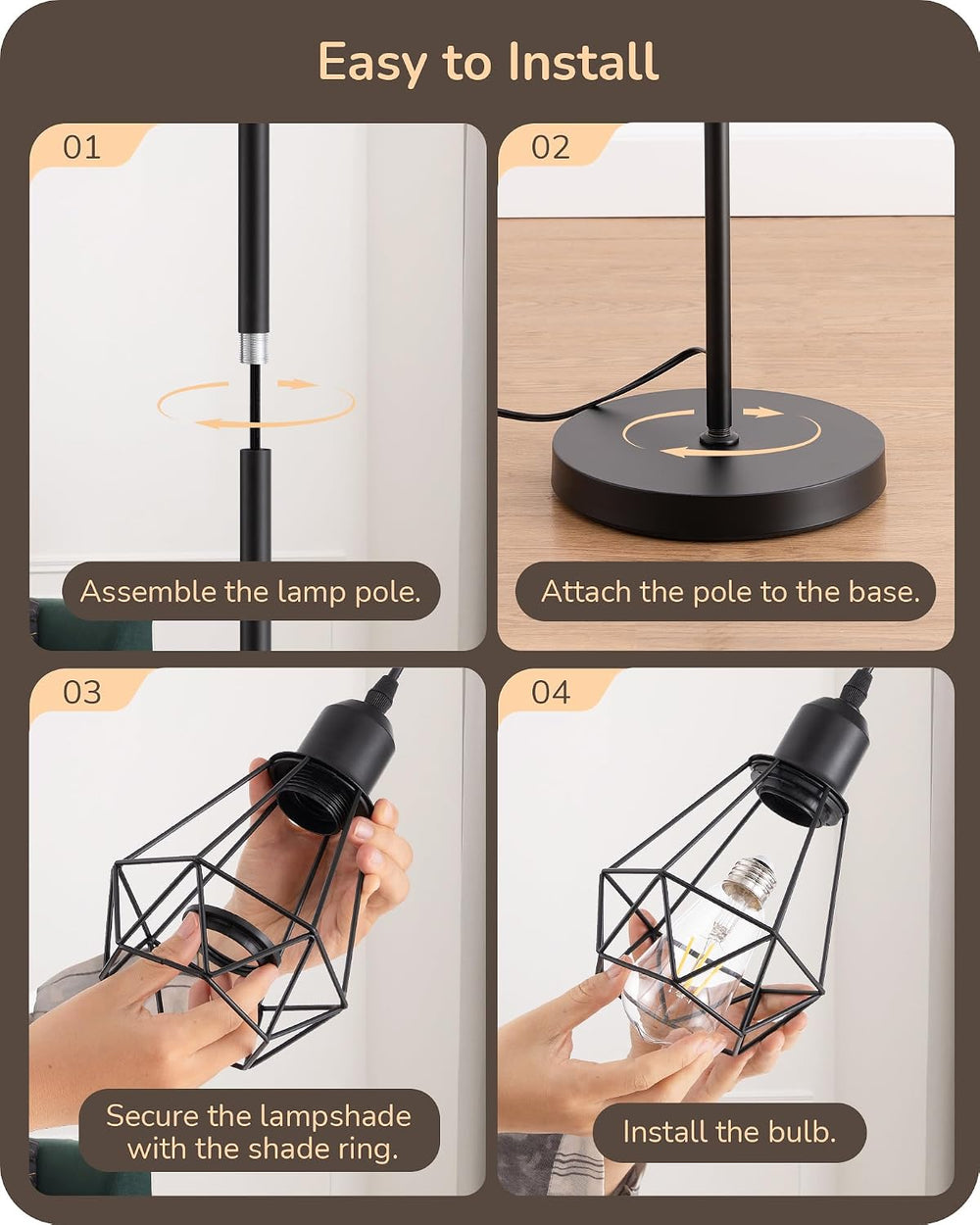 EDISHINE 70IN Farmhouse Floor Lamps for Living Room, Black Dimmable
