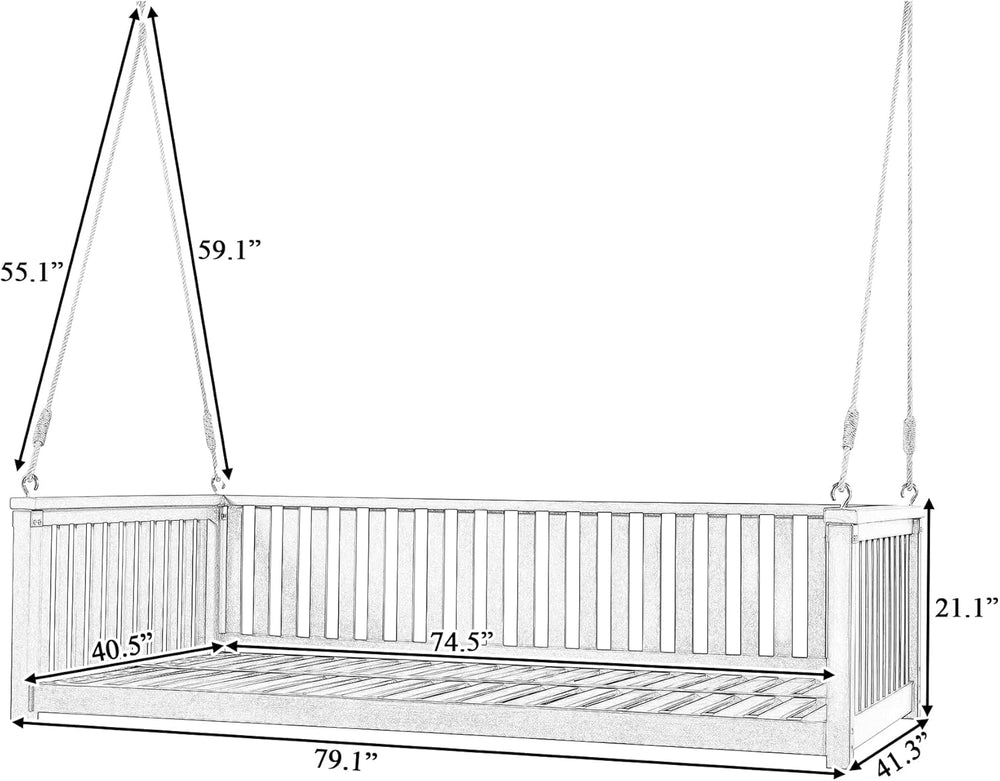 Patio Minimalist Acacia Wood Porch Swing with Hemp Rope, Twin Size Garden Swi...