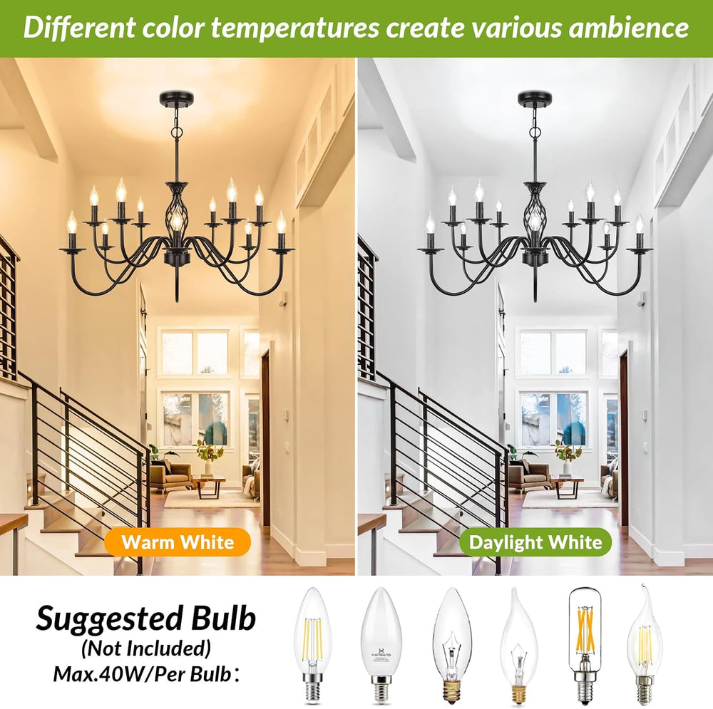 VerRon Matte Black 12-Light Farmhouse Candle Chandelier for Dining Room