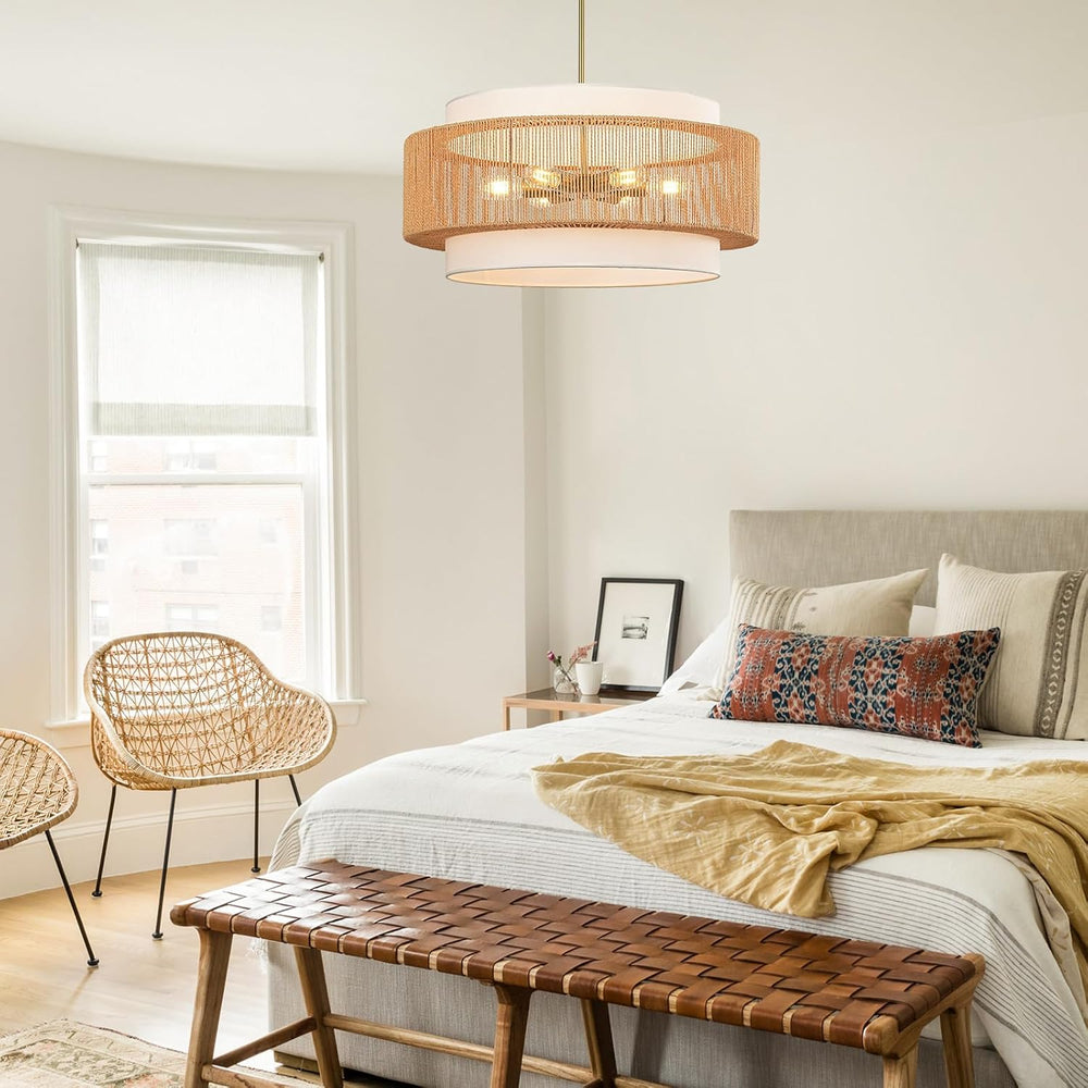 25.6" Rattan Chandelier for Dining Room, 6-Light Boho Pendant Light