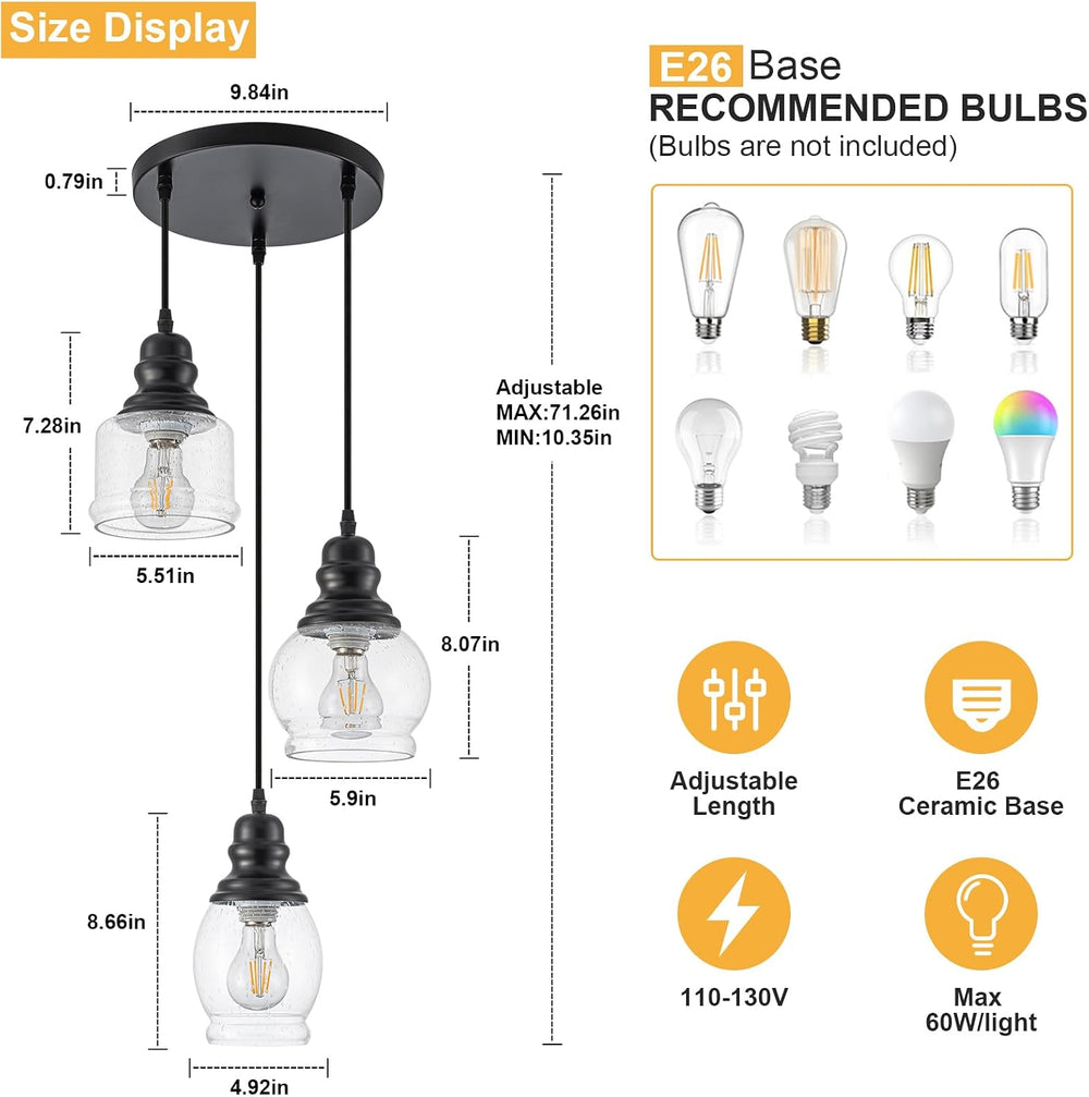 WILON 3 Light Seeded Glass Mini Pendant Lights Kitchen Island
