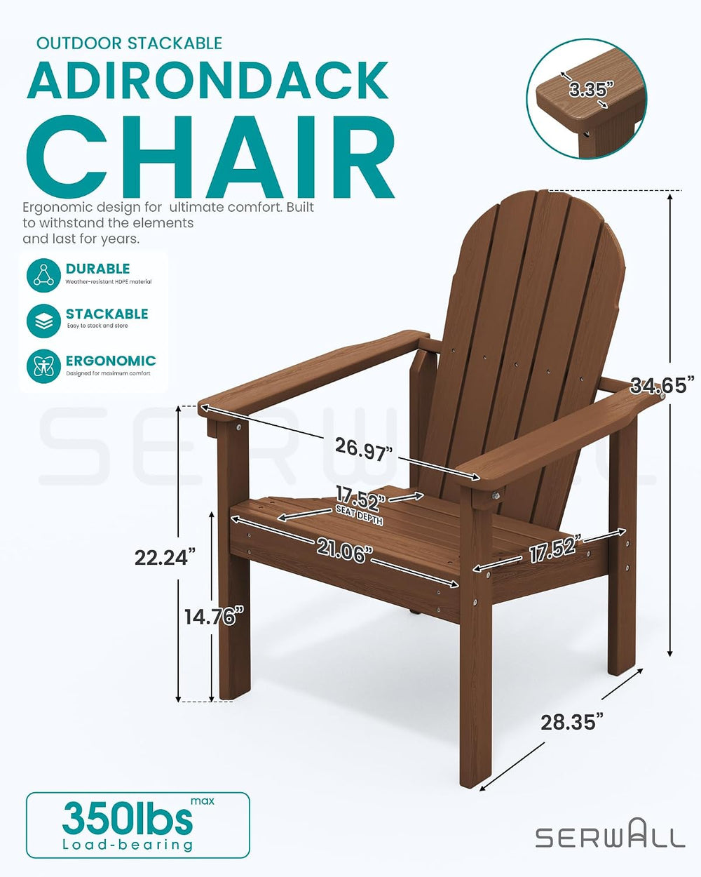 SERWALL HDPE Stackable Adirondack Chairs Set of 4,Space-Saving, Brown