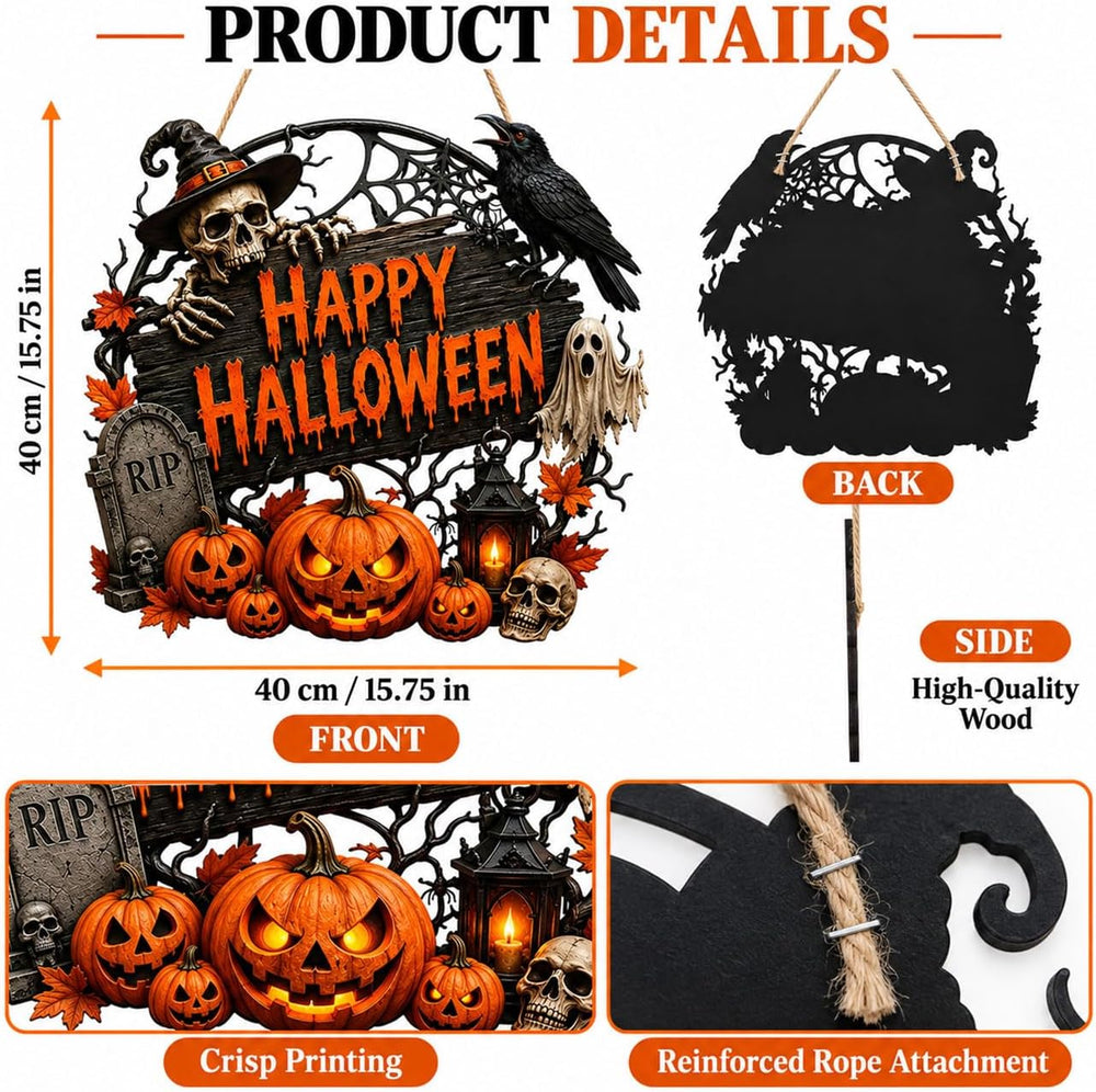 Spiritlele Big Happy Halloween Door Sign Wooden Decoration for Front Door