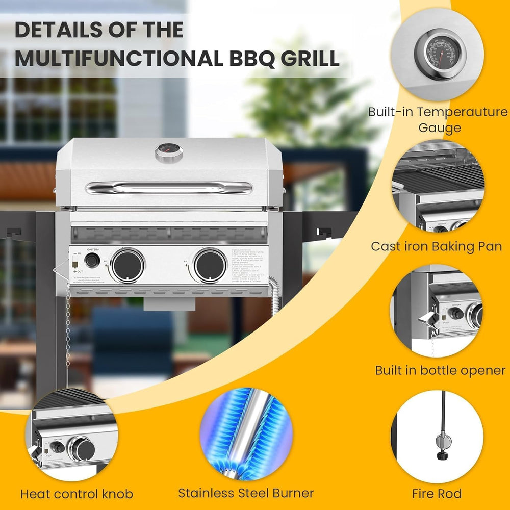 COWSAR 2-Burner Propane BBQ Grill 16000 BTU Stainless Steel Gas Grill